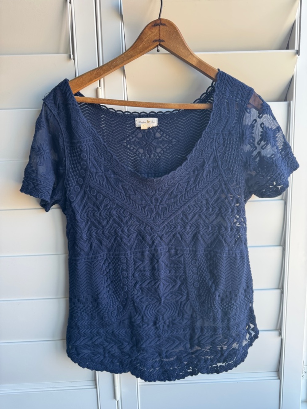 Meadow Rue Navy Crochet Lace Scoop Neck Short Sleeve Top